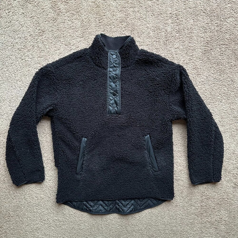 Athleta Sweatshirt Womens Small Petite High Pile Henley Mock Neck Black Pockets